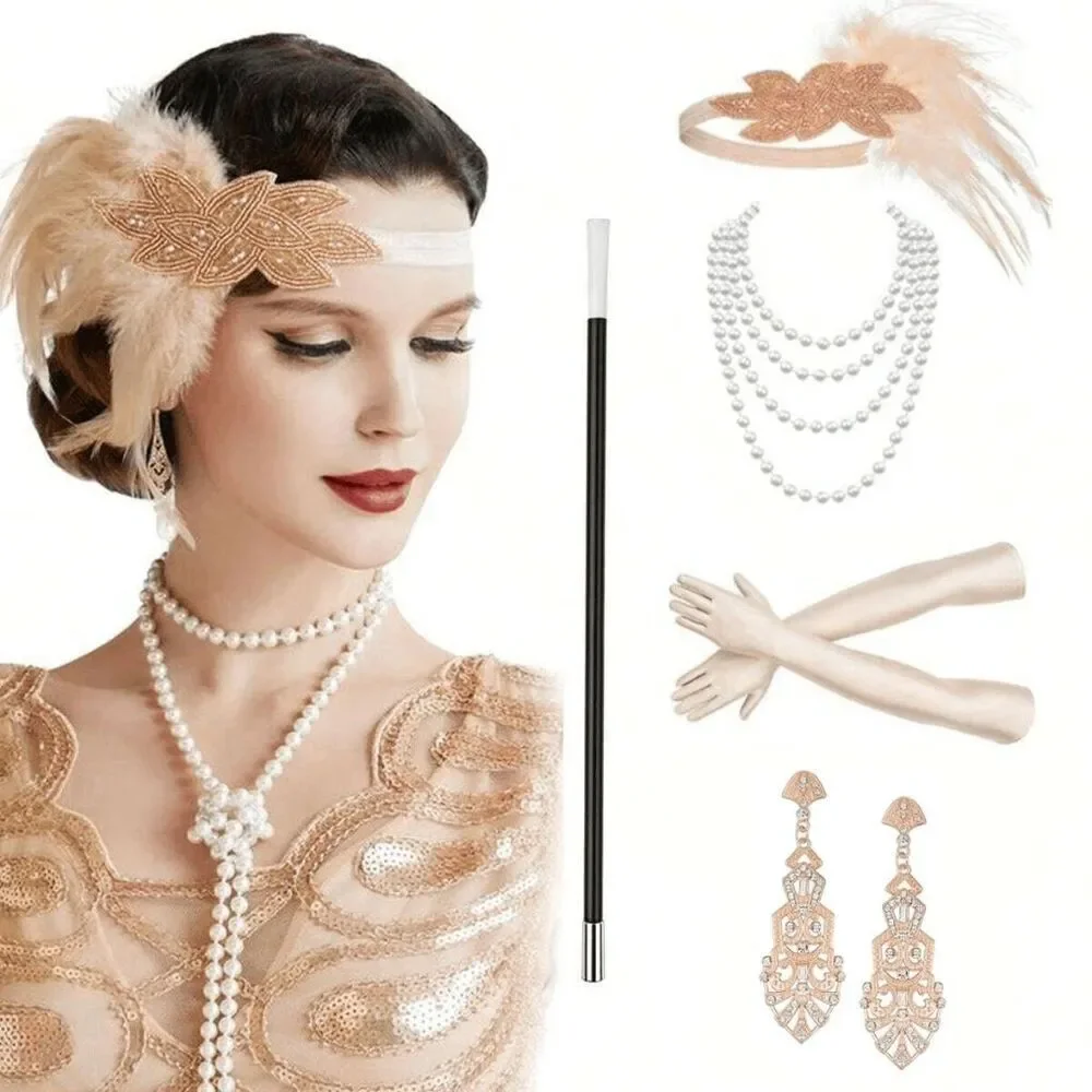 ️5PCS 1920s Gold Accessories Flapper Great Gatsby Vintage Retro Costume Set NEW